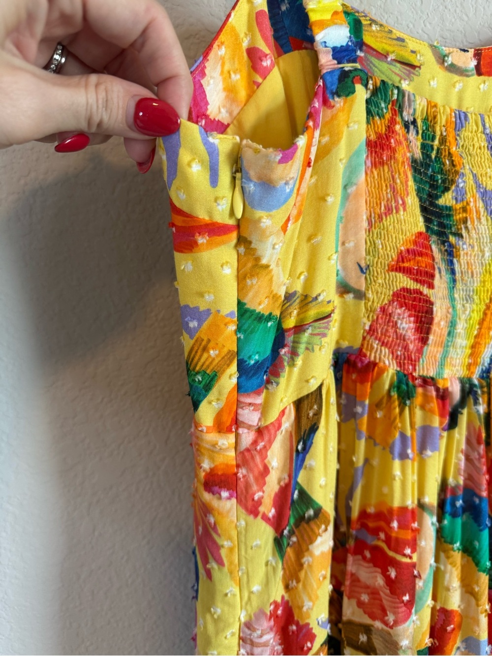Farm Rio Toucan Yellow Swiss Dot Textured Tropical Tiered Maxi Dress Size Small - Picture 7 of 11